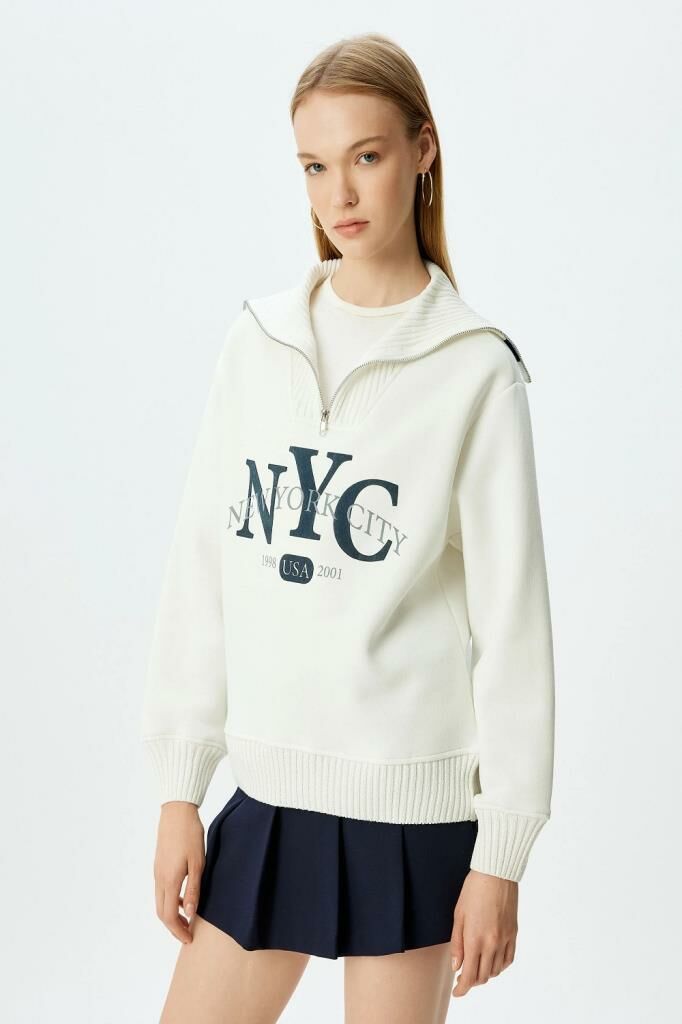 Koton Dik Yaka Yarım Fermuarlı Kolej Baskılı Şardonlu Oversize Sweatshirt
