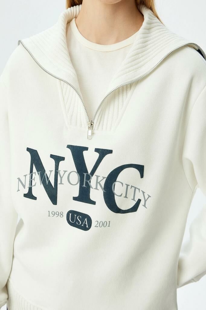 Koton Dik Yaka Yarım Fermuarlı Kolej Baskılı Şardonlu Oversize Sweatshirt