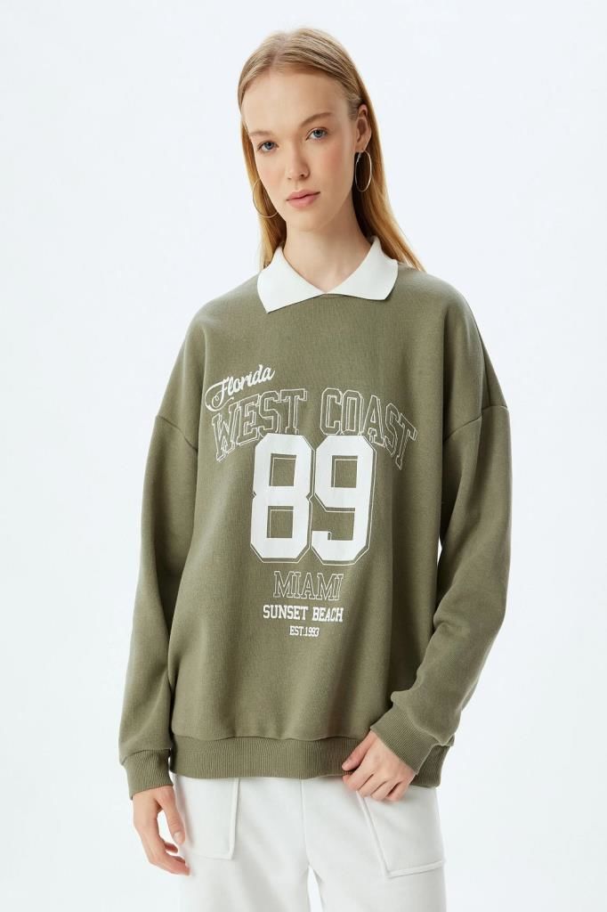 Koton Polo Yaka Sweatshirt Oversize Slogan Baskılı Şardonlu