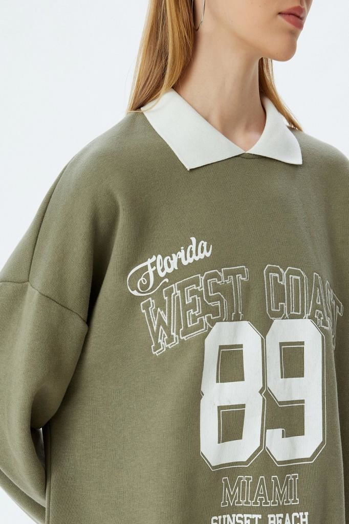 Koton Polo Yaka Sweatshirt Oversize Slogan Baskılı Şardonlu