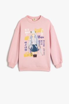 Koton Kız Çocuk Anime Baskılı Sweatshirt Şardonlu Uzun Kollu Bisiklet Yaka