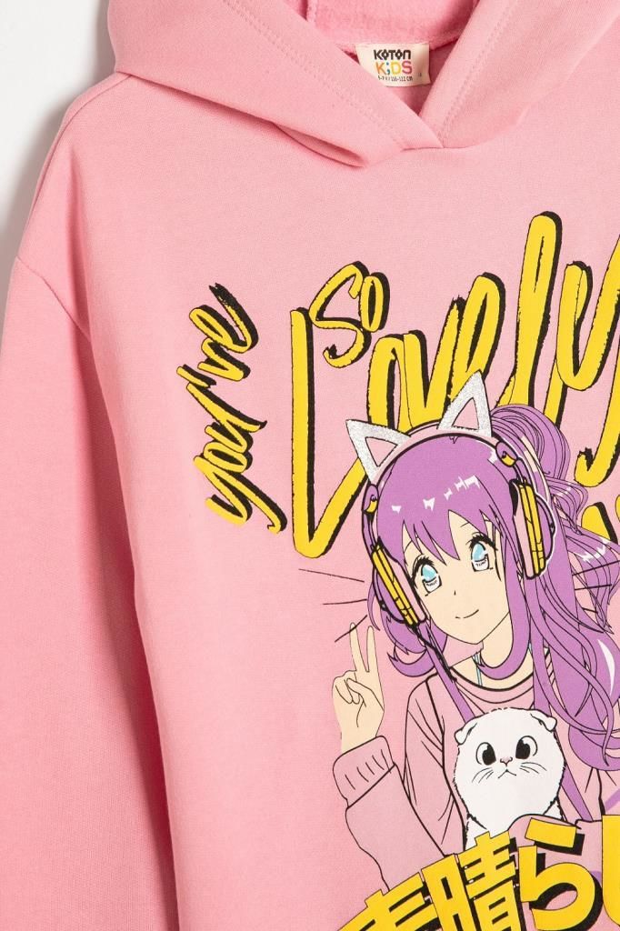 Koton Kız Çocuk Oversize Kapşonlu Sweatshirt Anime Baskılı Uzun Kollu