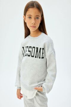 Koton Kız Çocuk Sweatshirt Baskılı Bisiklet Yaka Gömlek Etek Ucu Detaylı Şardonlu