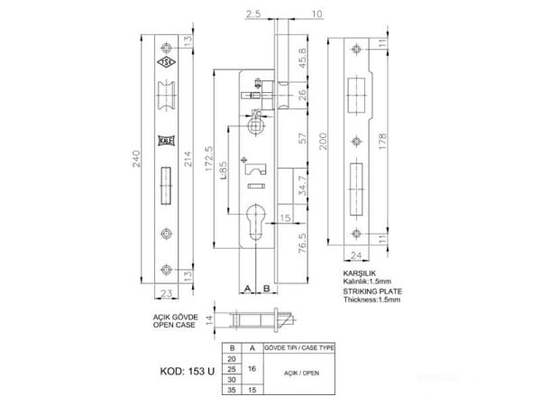 Kale 153 U Silindirli Gömme Kilit 20 mm Dar Tip