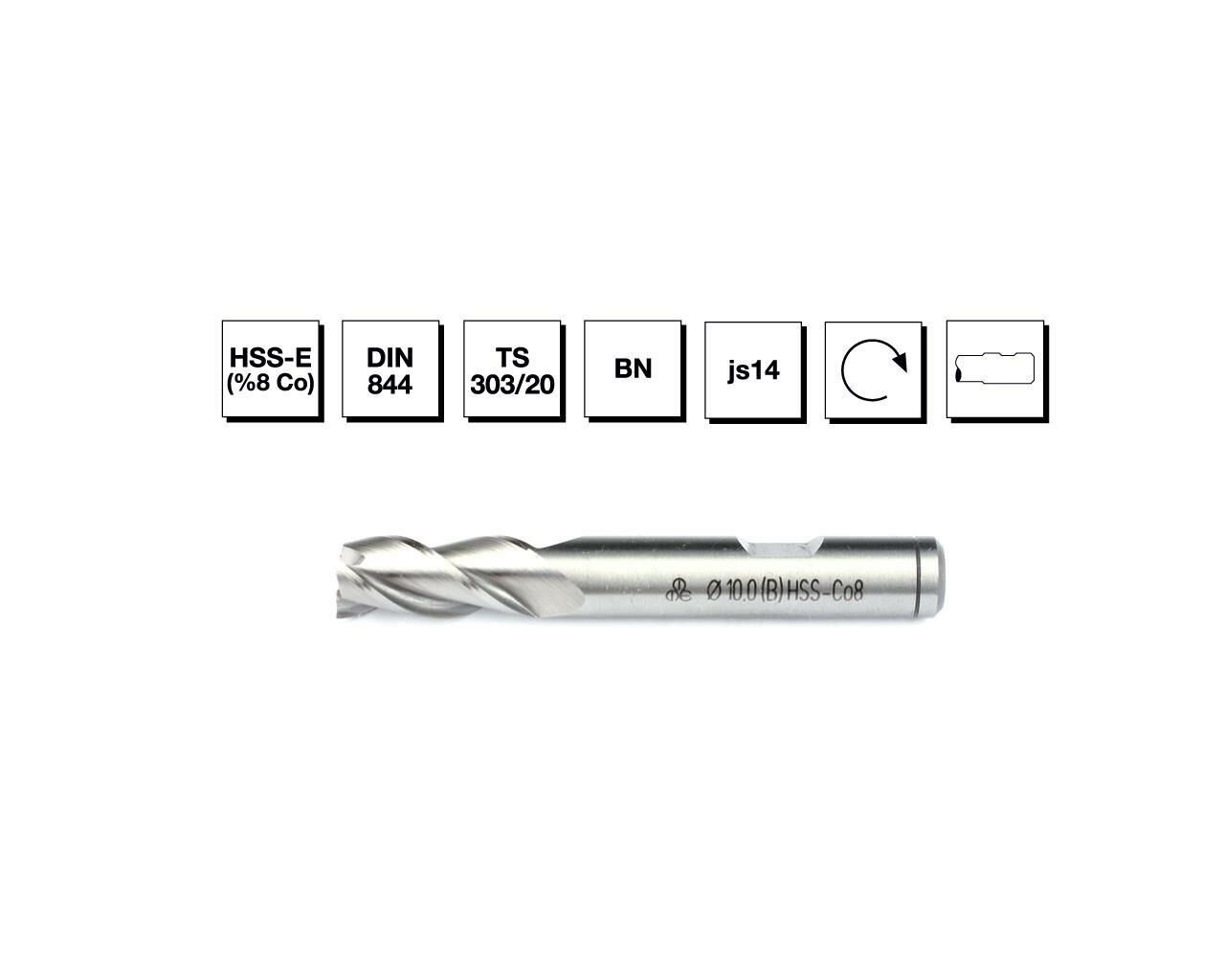 HSS - E (%8Co) DIN 844 BN  25 mm Silindirik Saplı Parmak Freze - KISA