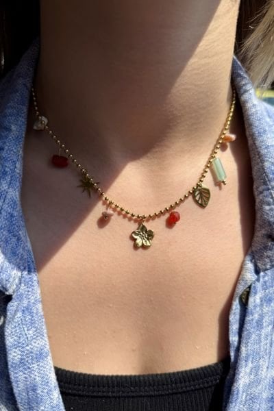 Sıra Charmlı Topçuk Zincir Çelik Kolye Lotus