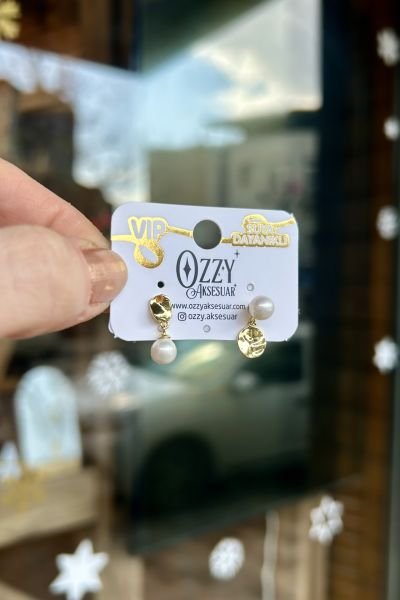 VIP İnci Sallantılı Plaka Model Küpe 14K