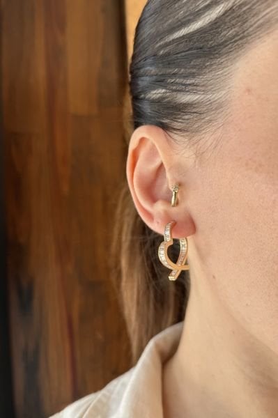 VIP Kristal Taş İşlemeli 2 Parça Kalp Küpe 14K