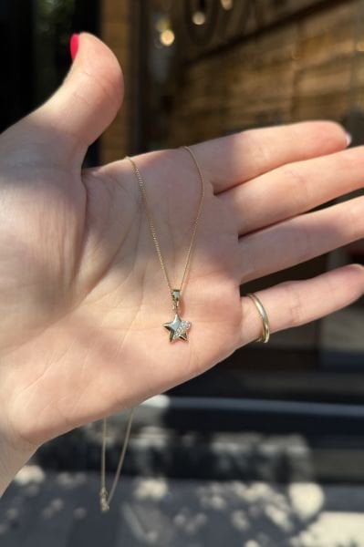 VIP Gömme Taş Detaylı Yıldız Kolye 45 cm 14K