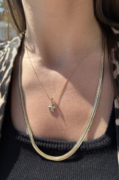 VIP Gömme Taş Detaylı Yıldız Kolye 45 cm 14K