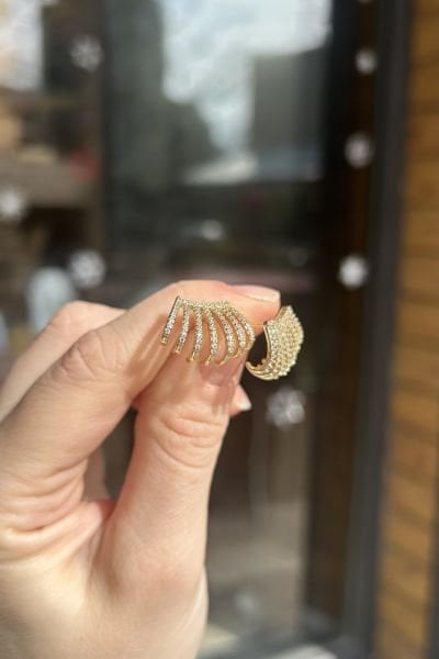 VIP Tamamı Taşlı Kafes Model Çoklu Görünüm Küpe 14K