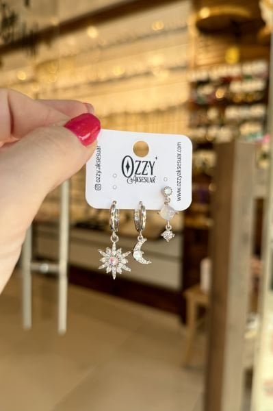 Gömme Taşlı Ay Güneş Model 3'lü Küpe Gümüş