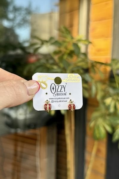 VIP Uğur Böceği Model Halka Küpe 14K Kırmızı