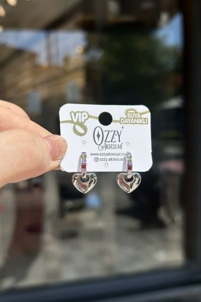 VIP Halkası Renkli Sıra Taşlı Kalp Sallantı Halka Küpe Gümüş Renk