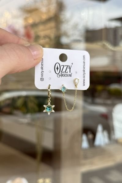 Mavi Taşlı Güneş Model Zincirli Set Küpe