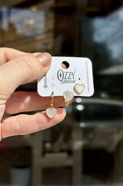VIP Sedefli Kalp Model 3'lü Set Küpe