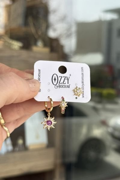 Pırıltılı Mor Taşlı Güneş Model 3'lü Set Küpe