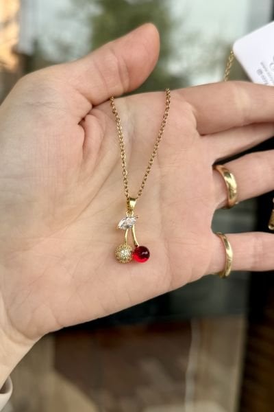 Kristal Taşlı Kiraz Model Çelik Kolye 45 cm