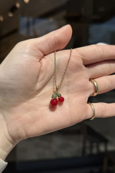 Yeşil Gömme Taşlı Kiraz Model Çelik Kolye 45 cm