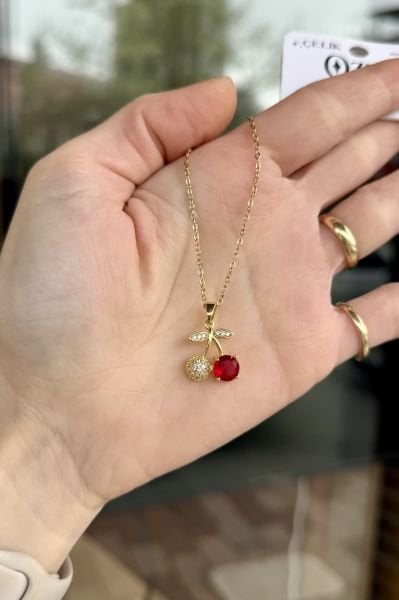 Tek Tanesi Gömme Taşlı Kiraz Model Çelik Kolye 45 cm