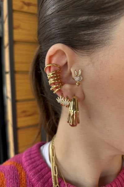VIP Taşlı Taç Model Halka Küpe 14K