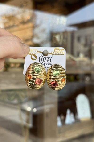 VIP Renkli Asimetrik Taşlı Vintage Küpe 14K