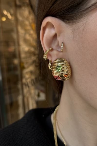 VIP Renkli Asimetrik Taşlı Vintage Küpe 14K