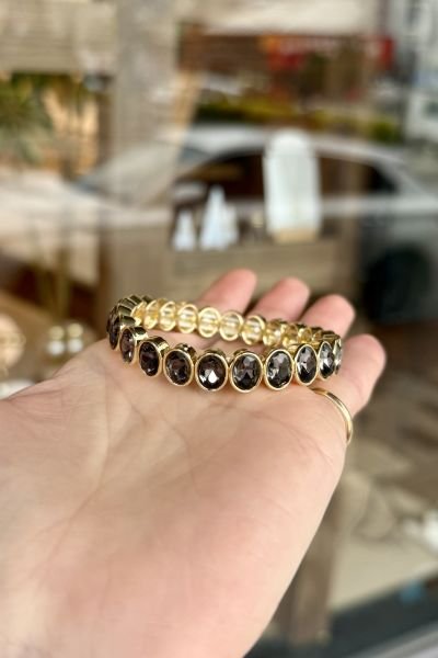 Sıra Oval Antrasit Taşlı Porselen Kaplama Lastikli Bileklik Siyah