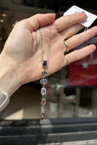 Renkli Zirkon Taşlı Çelik Y Kolye 45 cm Gümüş Renk