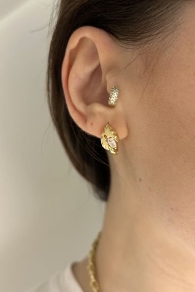 VIP Damla Taşlı Yaprak Model Halka Küpe 14K
