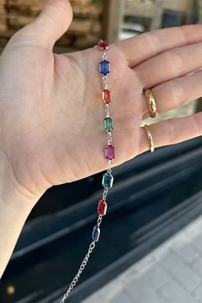 Renkli Sıra Taşlı Çelik Bileklik Dikdörtgen Taş Gümüş Renk