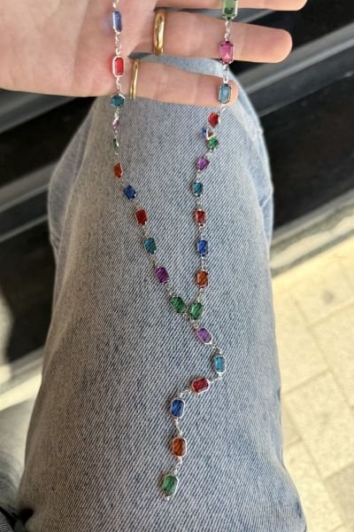 Sıra Renk Taşlı Uzun Çelik Y Kolye 60+5 cm Dikdörtgen Taş Gümüş Renk
