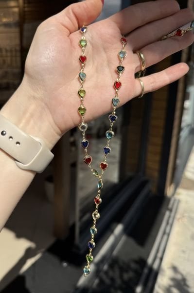 Sıra Renk Taşlı Uzun Çelik Y Kolye 60+5 cm Kalp Taş