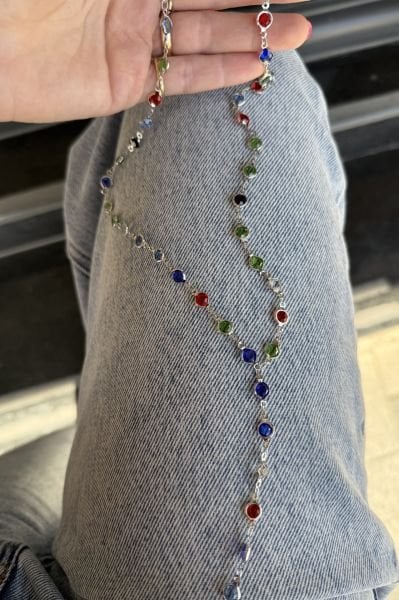 Sıra Renk Taşlı Uzun Çelik Y Kolye 60+5 cm Yuvarlak Taş Gümüş Renk