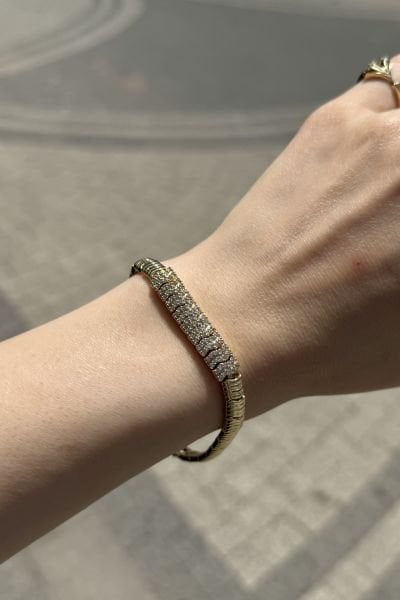 VIP Dalga Desen Ortası Gömme Taşlı Bileklik 17 + 2 cm 14K