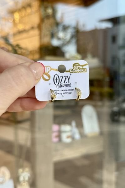 VIP Çiçek Detaylı Gömme Taşlı Küçük Halka Küpe 14K