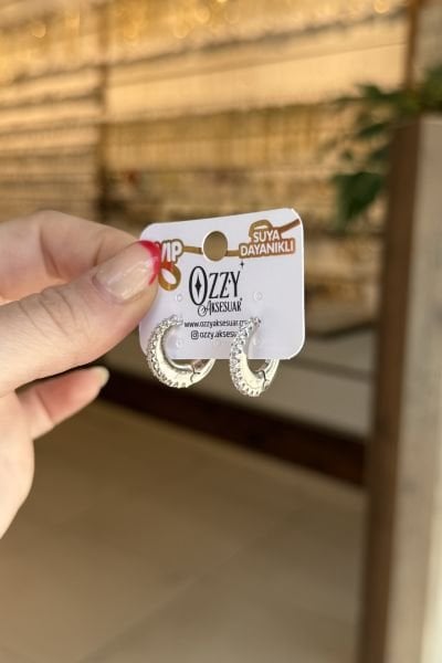 VIP Önü Sıra Taşlı Yassı Model Halka Küpe Gümüş Renk