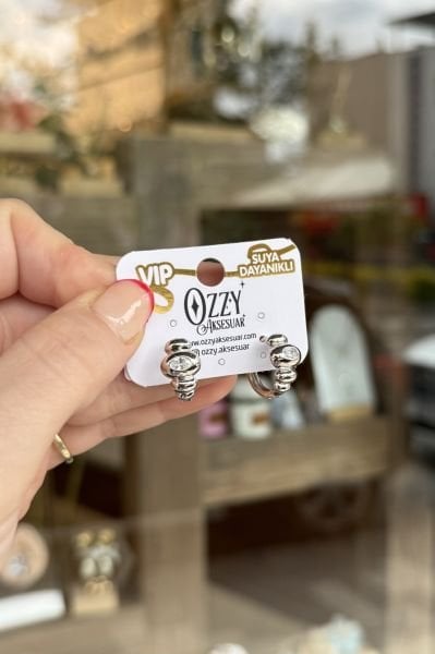 VIP Oval Taş Detay Bombeli Halka Küpe Gümüş Renk