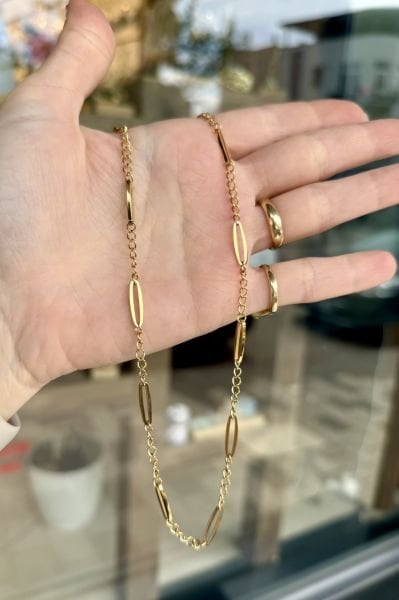 VIP Oval Zincir Detaylı Kolye 45 cm 14K