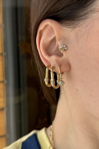 Taşlı Top Sallantılı Halka Küpe 14K