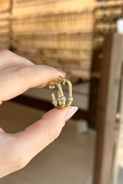 VIP Gömme Taş Kemerli Yarım Halka Oval Küpe 14K