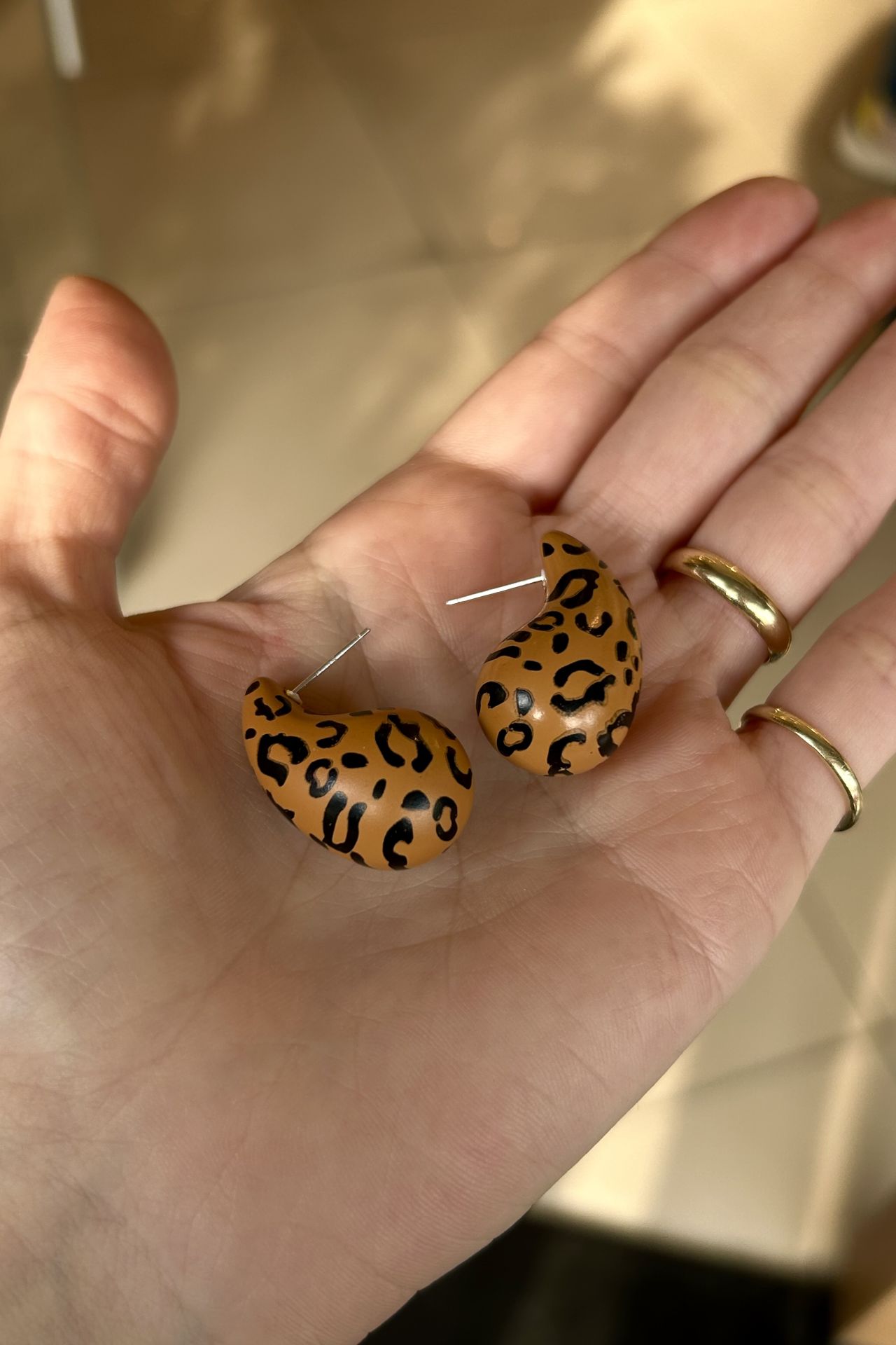 Leopar Desenli Damla Küpe Kahve