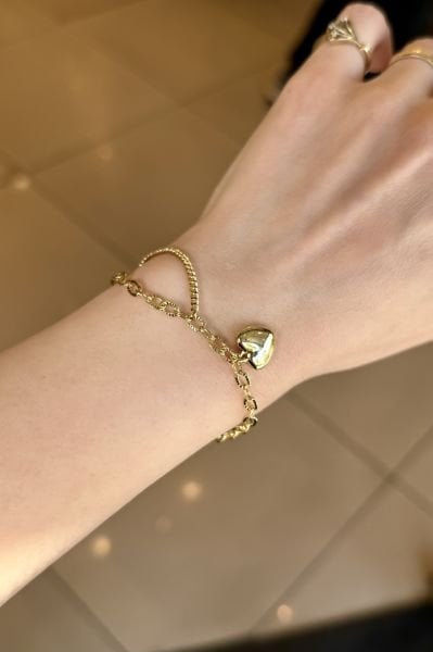 VIP Kalp Charmlı Çift Zincir Bileklik 17 + 3 cm 14K