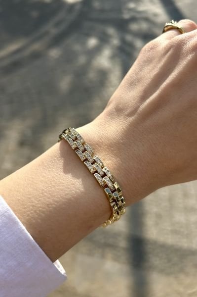 VIP Ortası Gömme Taşlı Hasır Örgü Bileklik 14K 16 + 2 cm