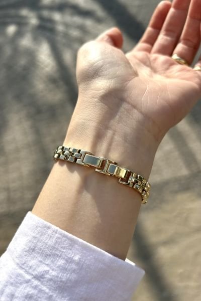 VIP Ortası Gömme Taşlı Hasır Örgü Bileklik 14K 16 + 2 cm