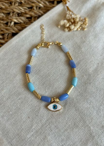 Ozzy Summer Şerit Gold ve Göz Detaylı Sedefli Mavi Boncuk Bileklik