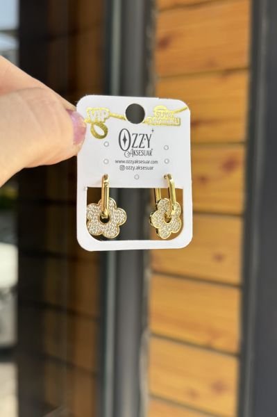 VIP Gömme Taş İşlemeli Çiçek Charmlı Oval Halka Küpe 14K