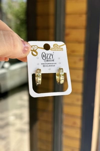 VIP Önü Asimetrik Zirkon Taş İşlemeli Oval Halka Küpe 14K