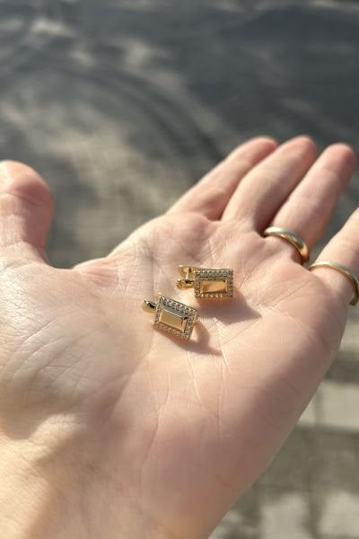 VIP Kenarları Taş İşlemeli Dikdörtgen Model Klipsli Küpe 14K