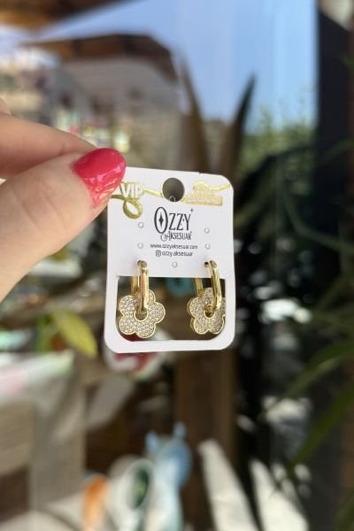 VIP Taşlı ve Plaka Çiçek Sallantılı Halka Küpe 14K